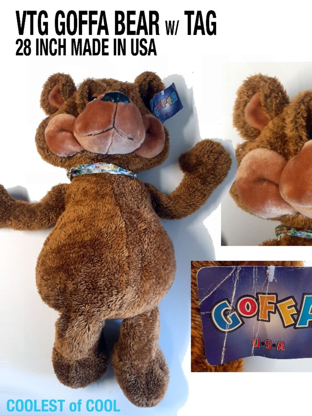 vintage Goffa Plush Stuffed Teddy Bear 28 to 30 inch tall brown bandanna w/ tag